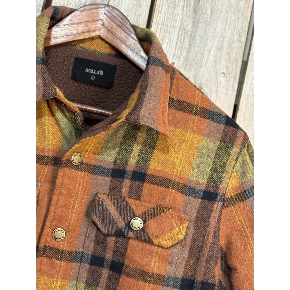 Rollas Mens Sherpa Lined Plaid Flannel‎ Shirt Jacket Orange Yellow Brown Small